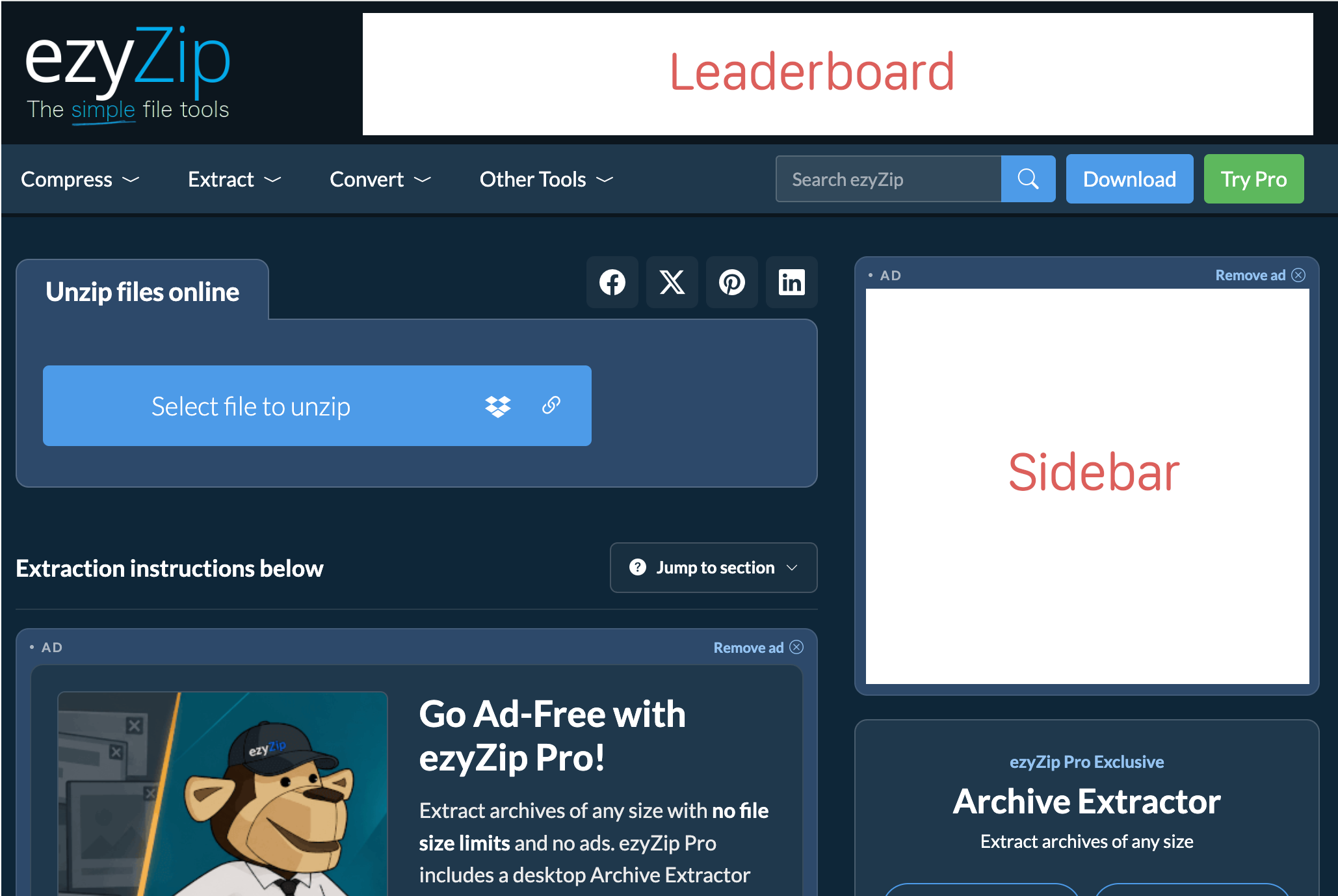 Screenshot of ezyZip showing the leaderboard and sidebar ad placements