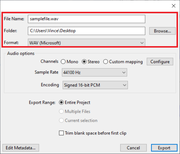 How to convert MP3 to WAV using Audacity on Windows: Step 4