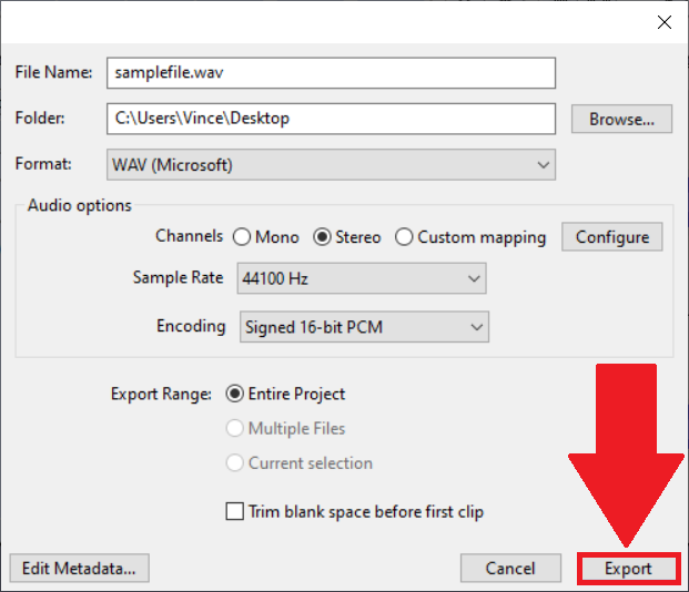 How to convert MP3 to WAV using Audacity on Windows: Step 4