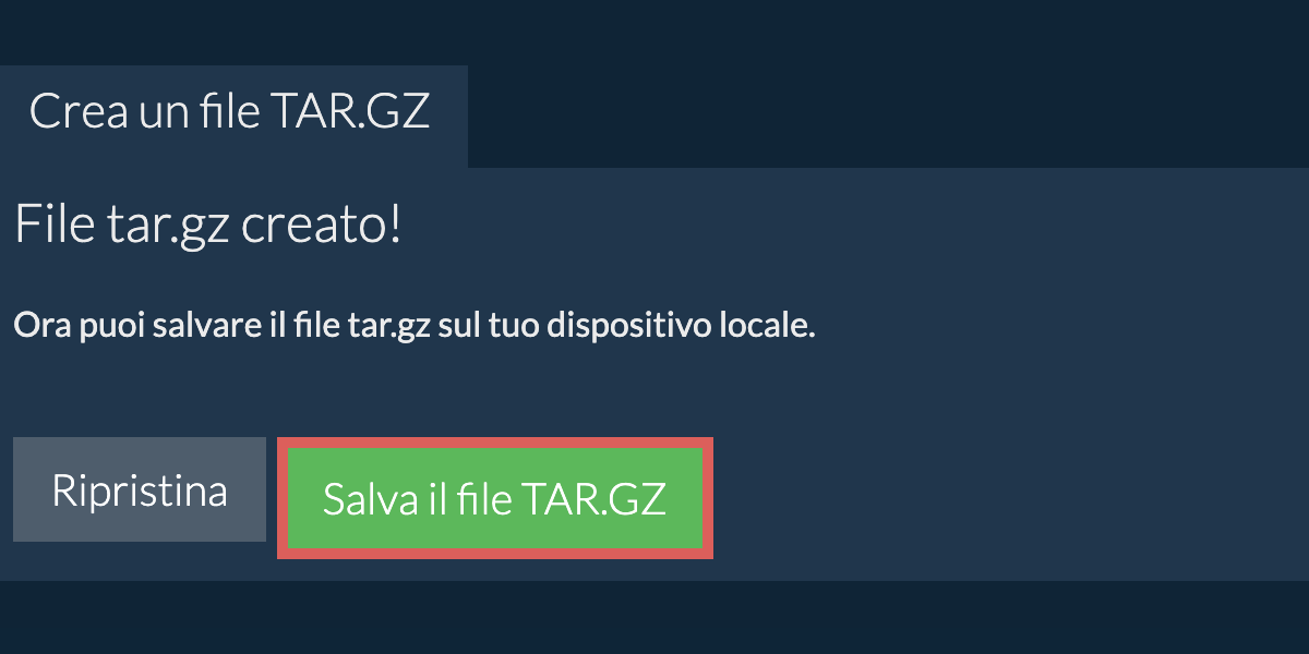 Salva il file tar.gz creato sul disco locale