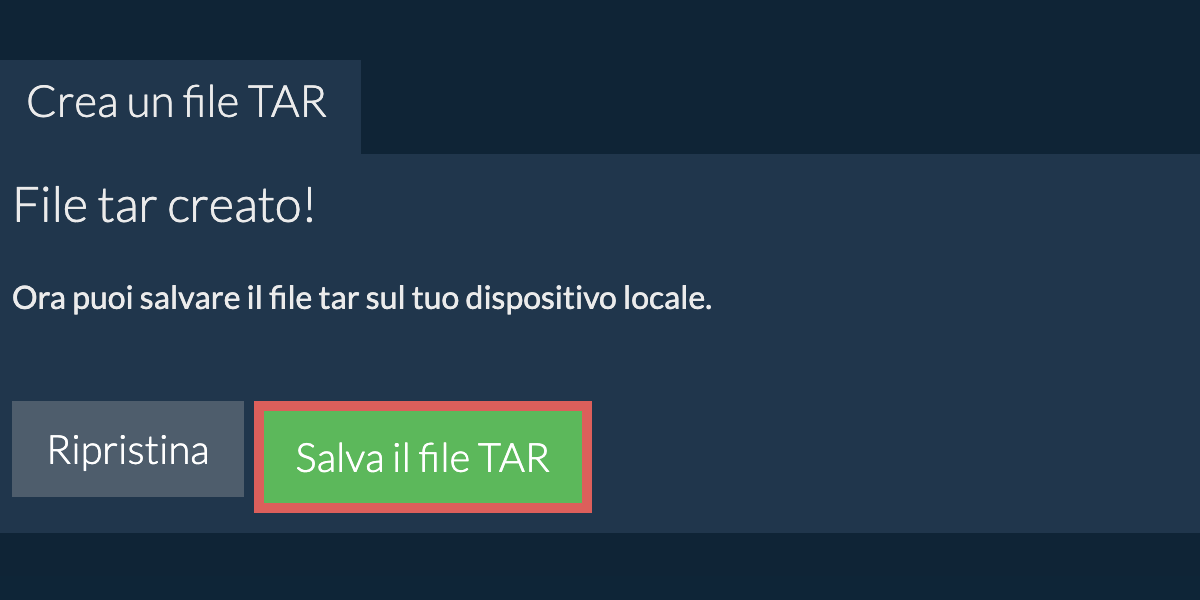 Salva il file tar creato sul disco locale