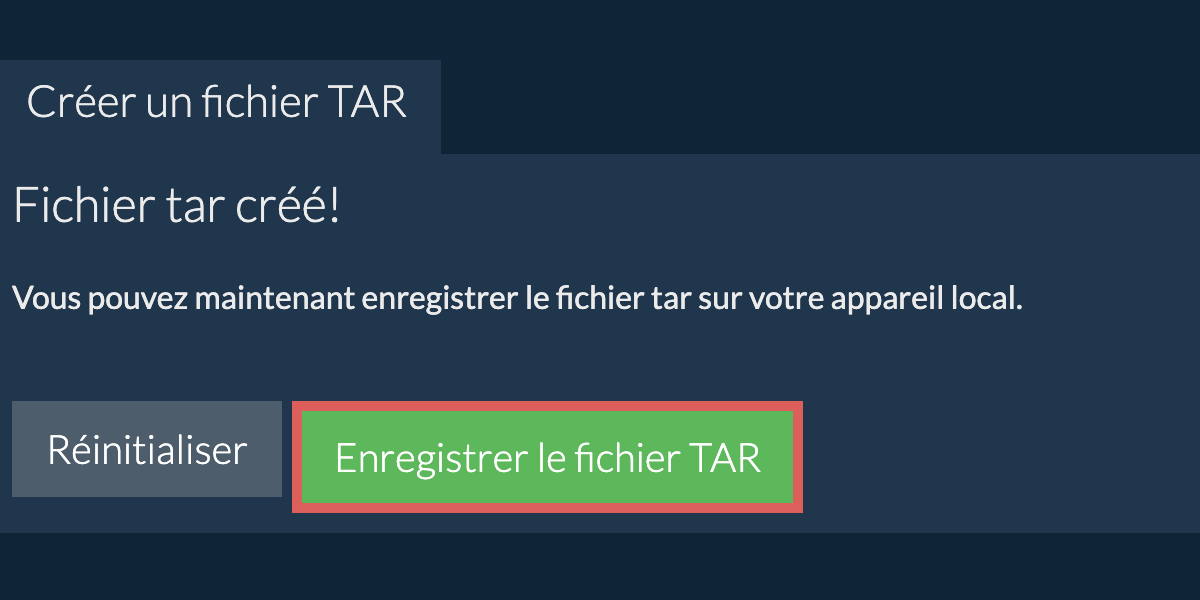 Enregistrez le fichier tar créé sur le lecteur local