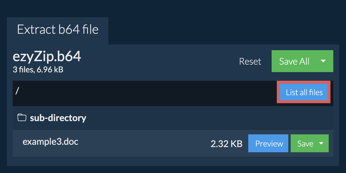 List of all files inside b64 file